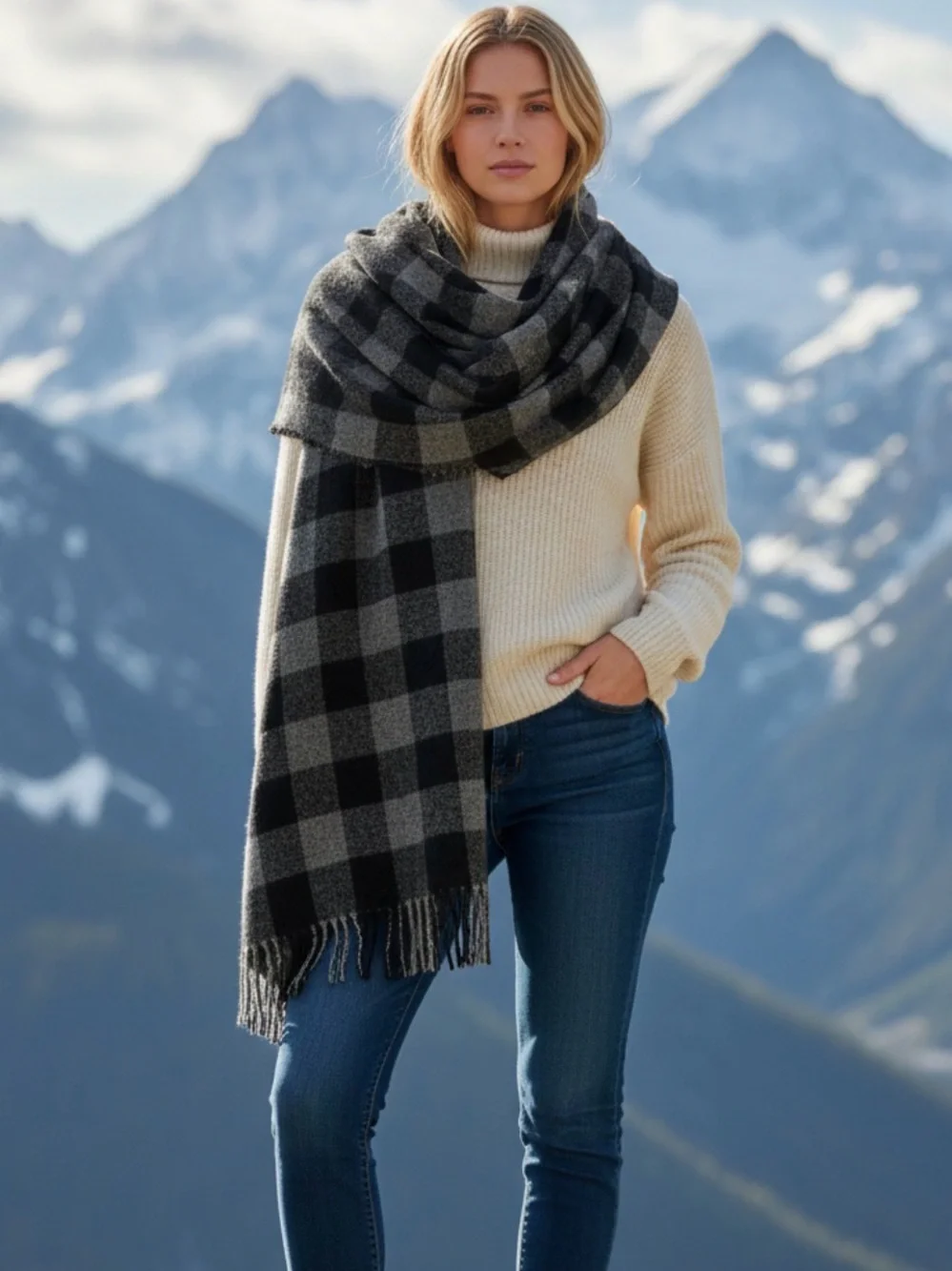 A PUNTO B Cozy Black & Gray Plaid Cashmere Scarf/ wrap